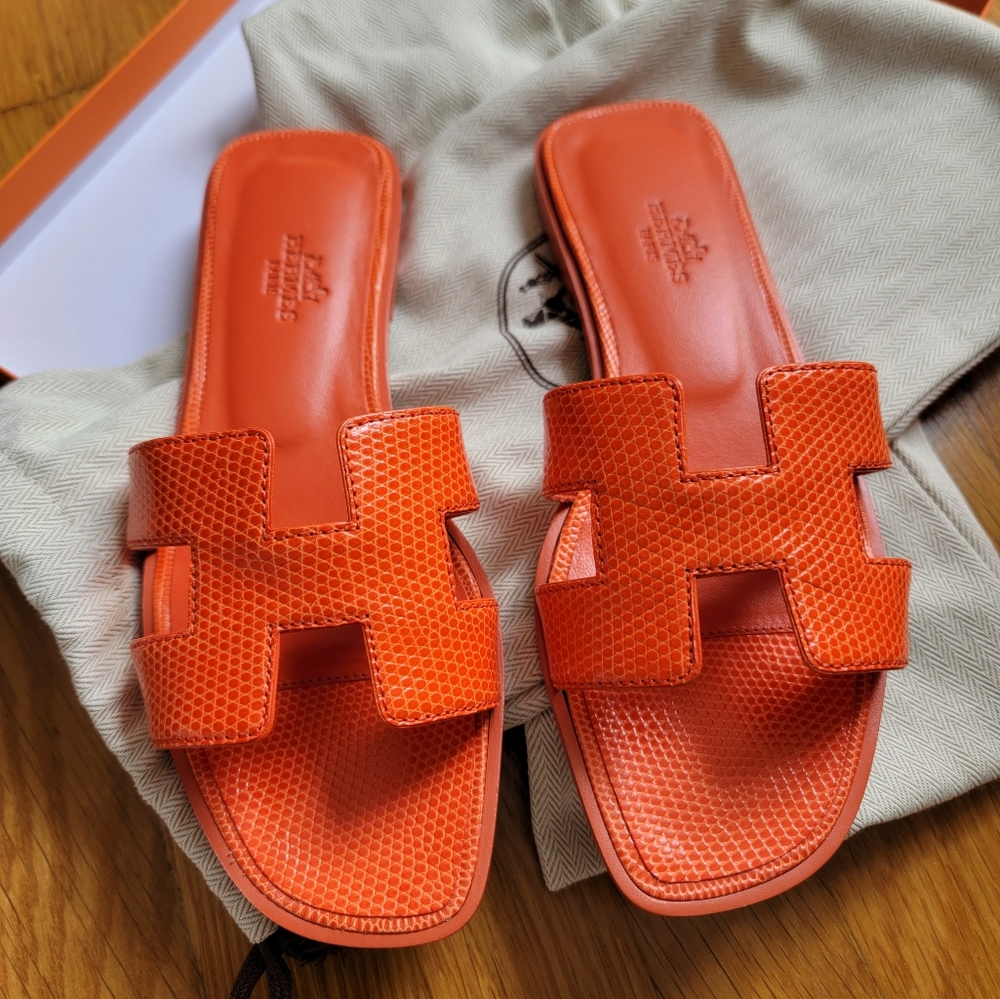 Brand New Authentic Hermes Orange Lizard Oran Sandal